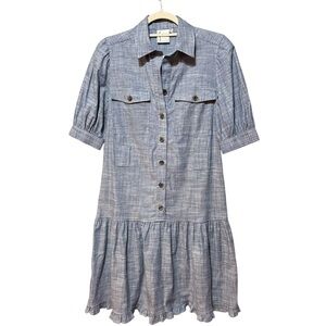 Finley Blue Button-Down Chambray Cotton Midi Dress Drop Waist Sz XS‎